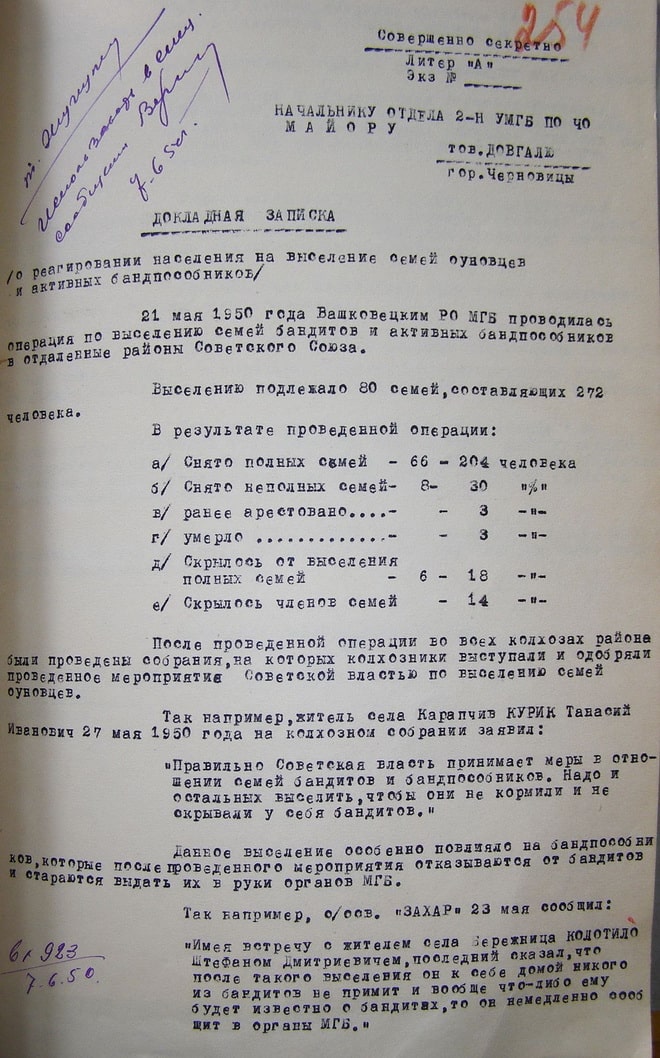 21 травня 1950 року на Буковині проведена чергова кампанія з масового виселення сімей повстанців.